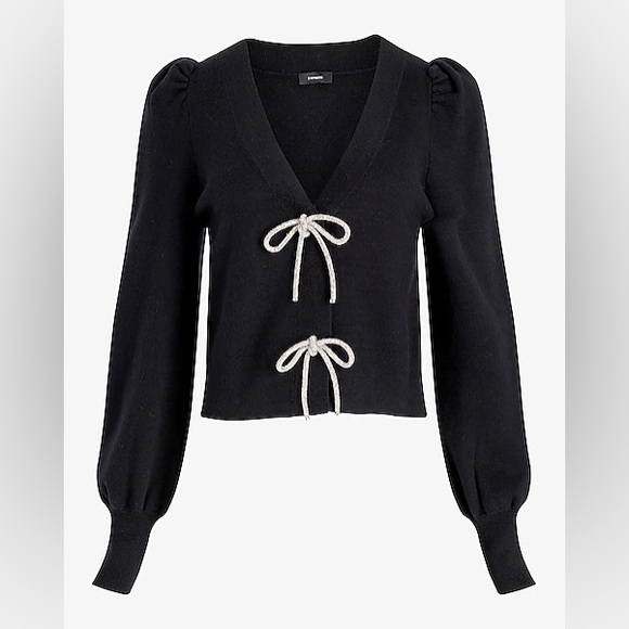 Express -viral ✨Holidays✨black embellished rhinestone bow front sweater cardigan - Picture 11 of 14